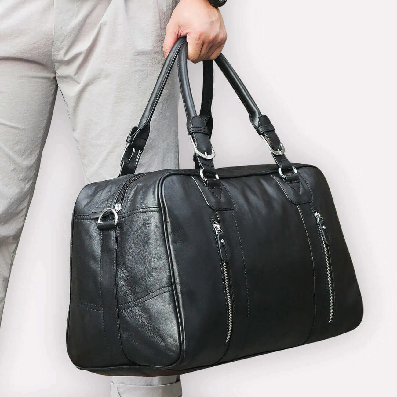 Black Leather Duffle Bag NZ - Luxury Travel Bag 29L