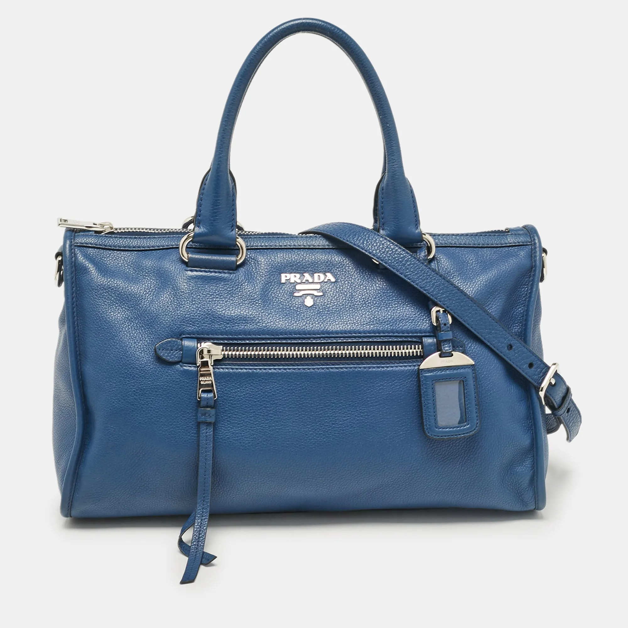 Blue Vitello Phenix Leather Zip Satchel