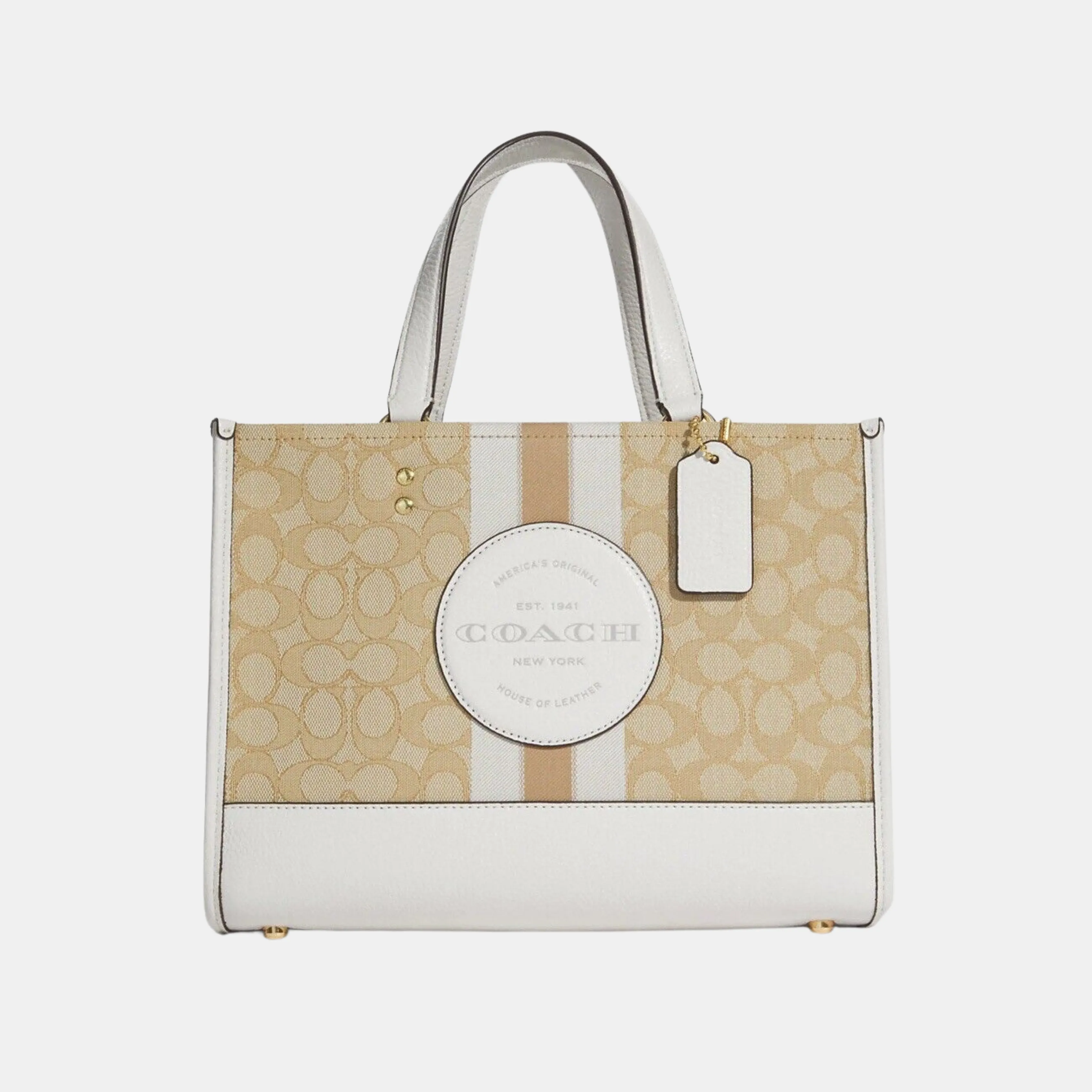 Coach Dempsey Carryall Tote Signature Khaki White Jacquard Stripe Patch Bag