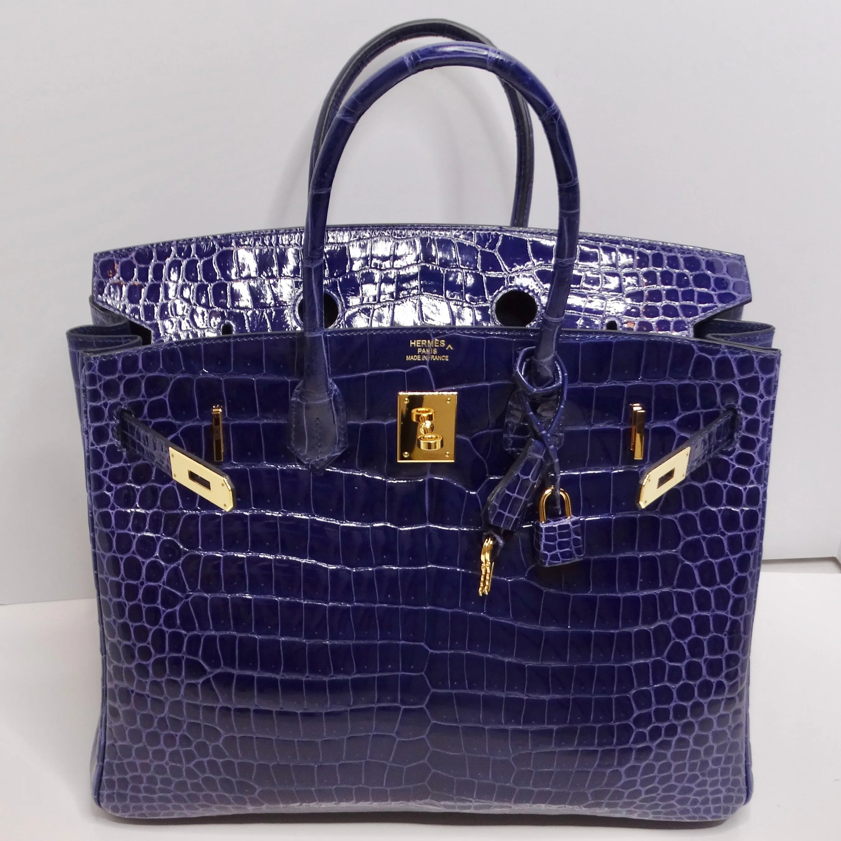 Hermes Birkin 35cm Amethyst Shiny Porosus Crocodile Gold Hardware