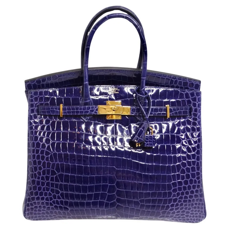 Hermes Birkin 35cm Amethyst Shiny Porosus Crocodile Gold Hardware