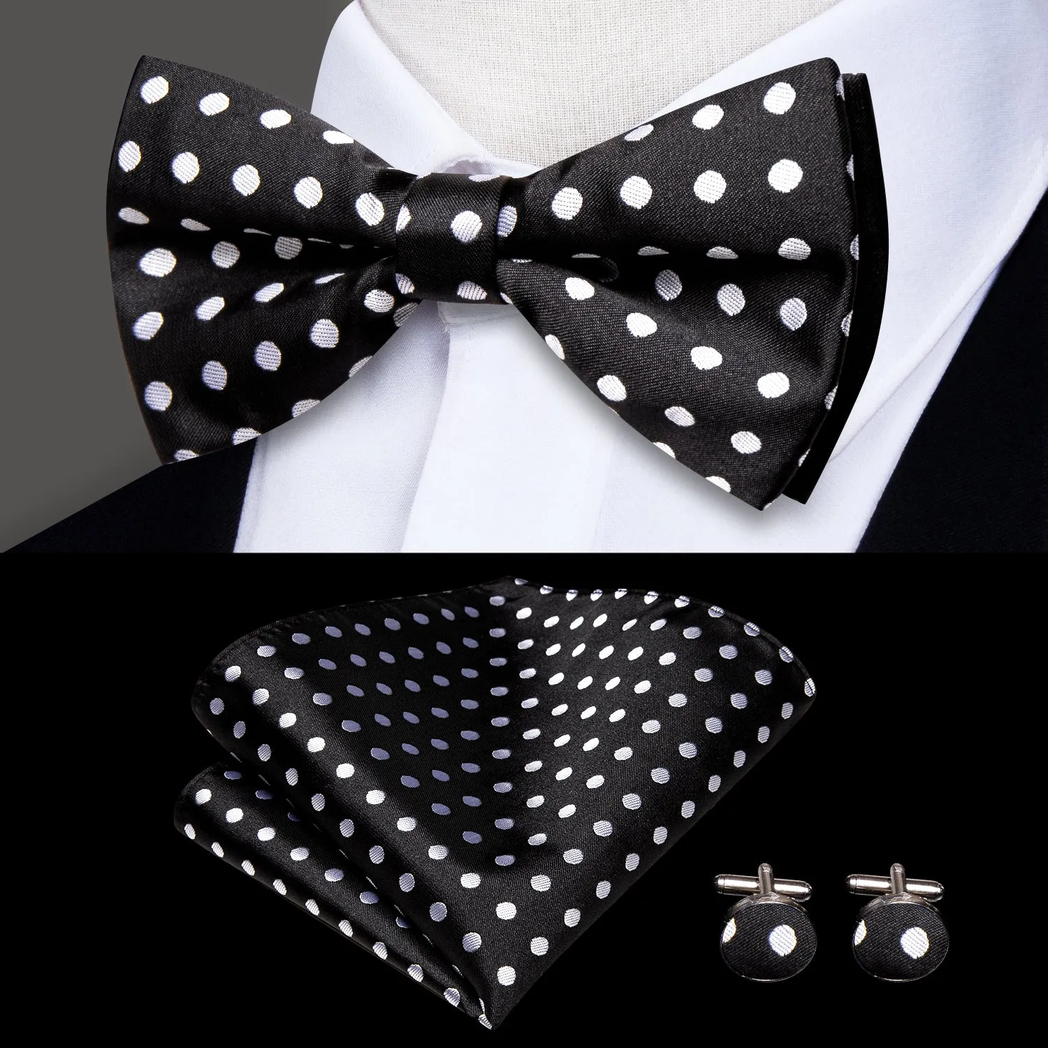 Hi-Tie Black White Dot Men's Suspender Bowtie Pocket Square Cufflinks Set