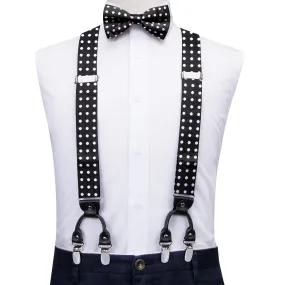 Hi-Tie Black White Dot Men's Suspender Bowtie Pocket Square Cufflinks Set