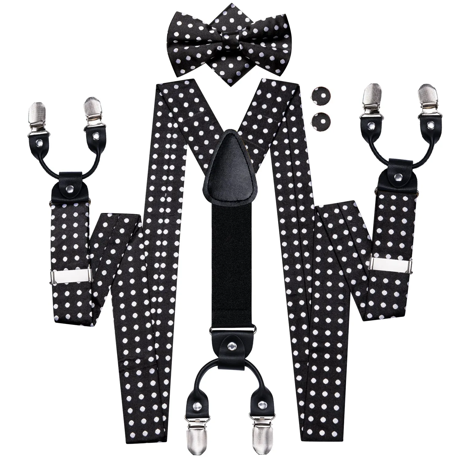 Hi-Tie Black White Dot Men's Suspender Bowtie Pocket Square Cufflinks Set