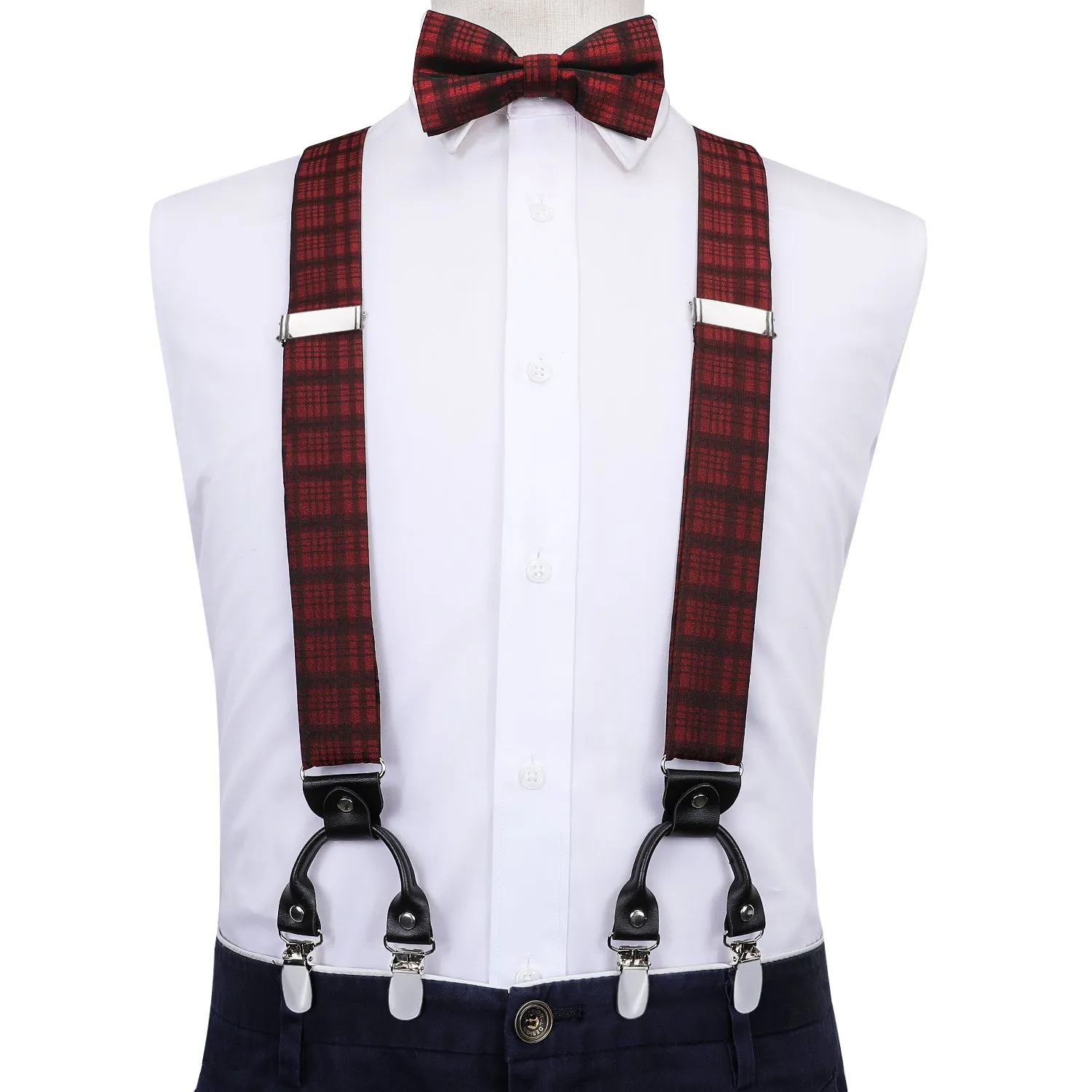 Hi-Tie Dark Red Plaid Stripe Suspender Bowtie Handkerchief Cufflinks Set