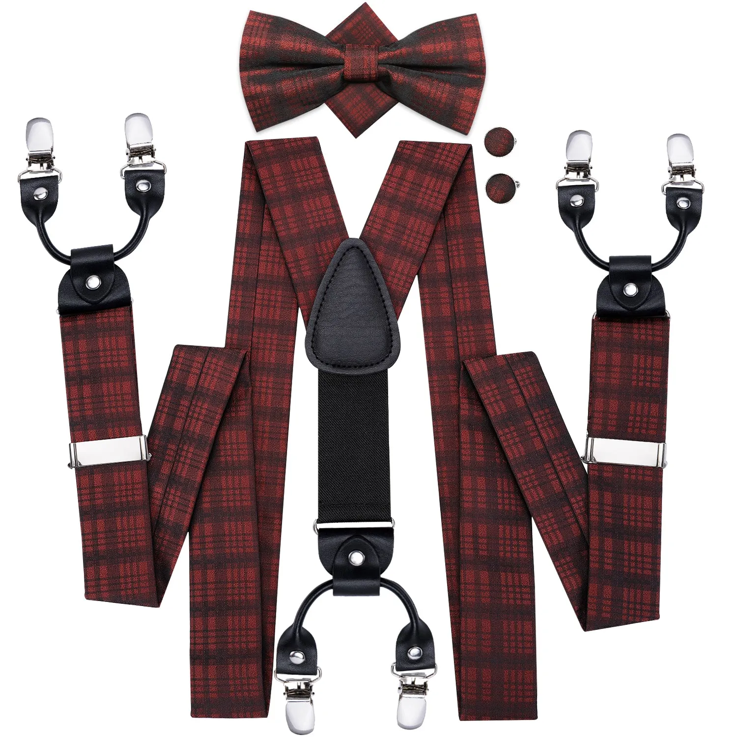 Hi-Tie Dark Red Plaid Stripe Suspender Bowtie Handkerchief Cufflinks Set