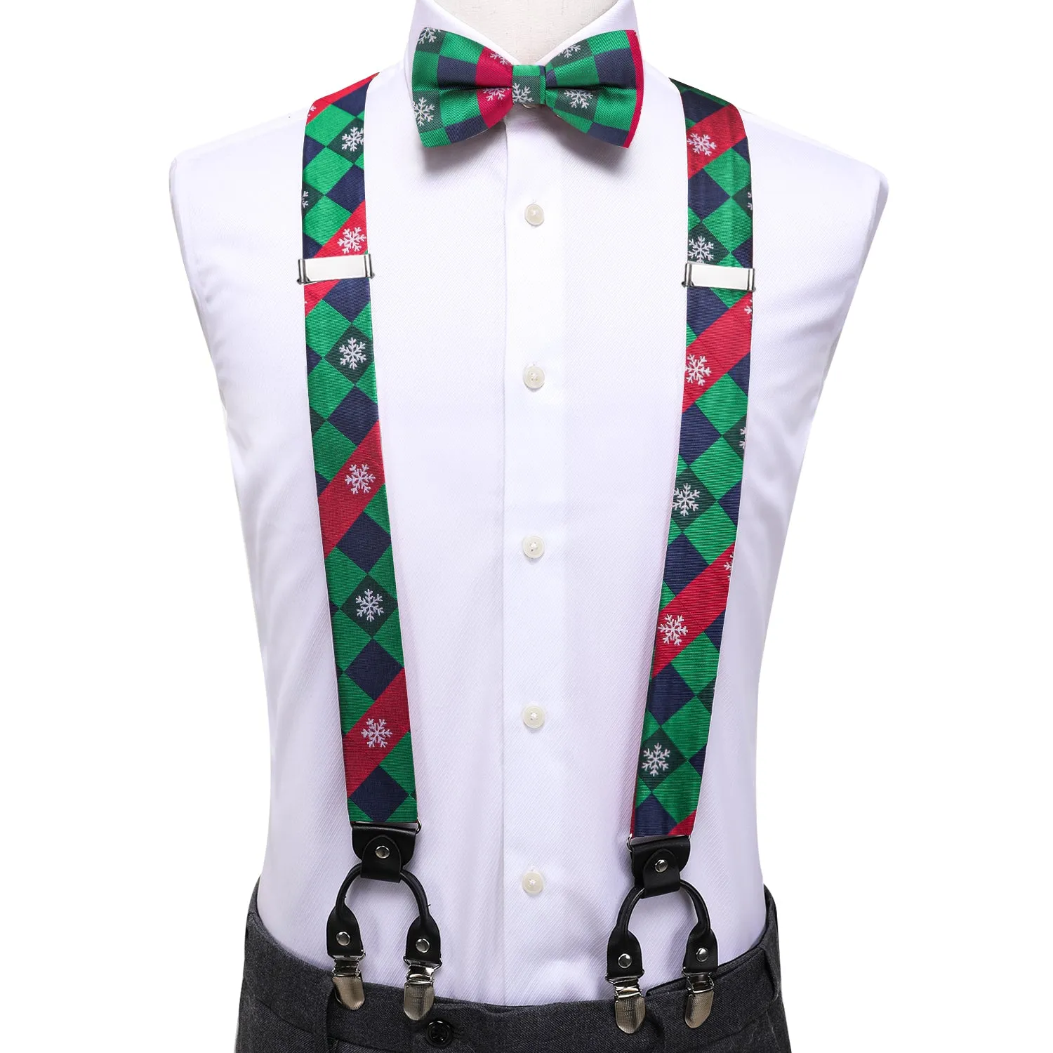 Hi-Tie Green Red Novelty Suspender Bowtie Hanky Cufflinks Set Christmas