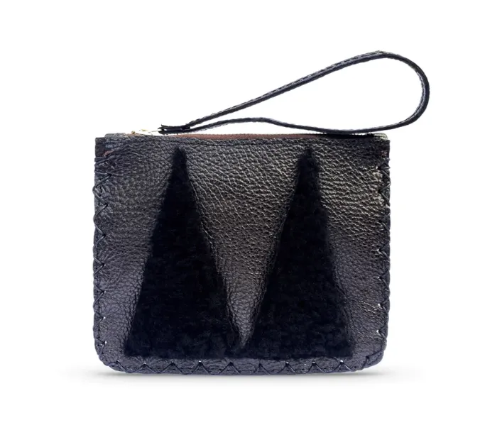 MARTE EGELE VIVIAN FLAT POUCH, Handwoven Cross Stitch Edges Fully lined in Suede