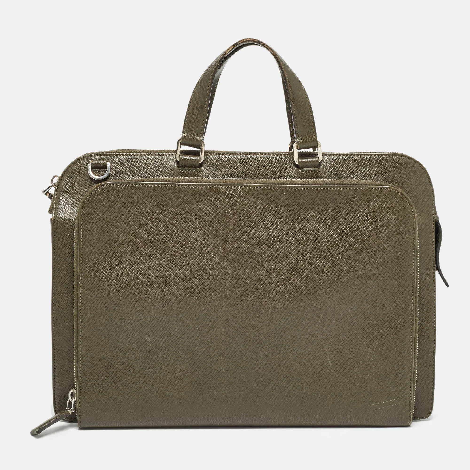 Olive Green Saffiano Lux Leather Front Pocket Briefcase Bag