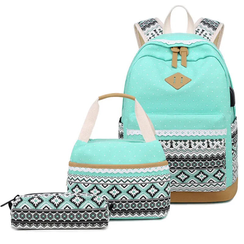 Polka Dot Aztec Canvas Backpack Set