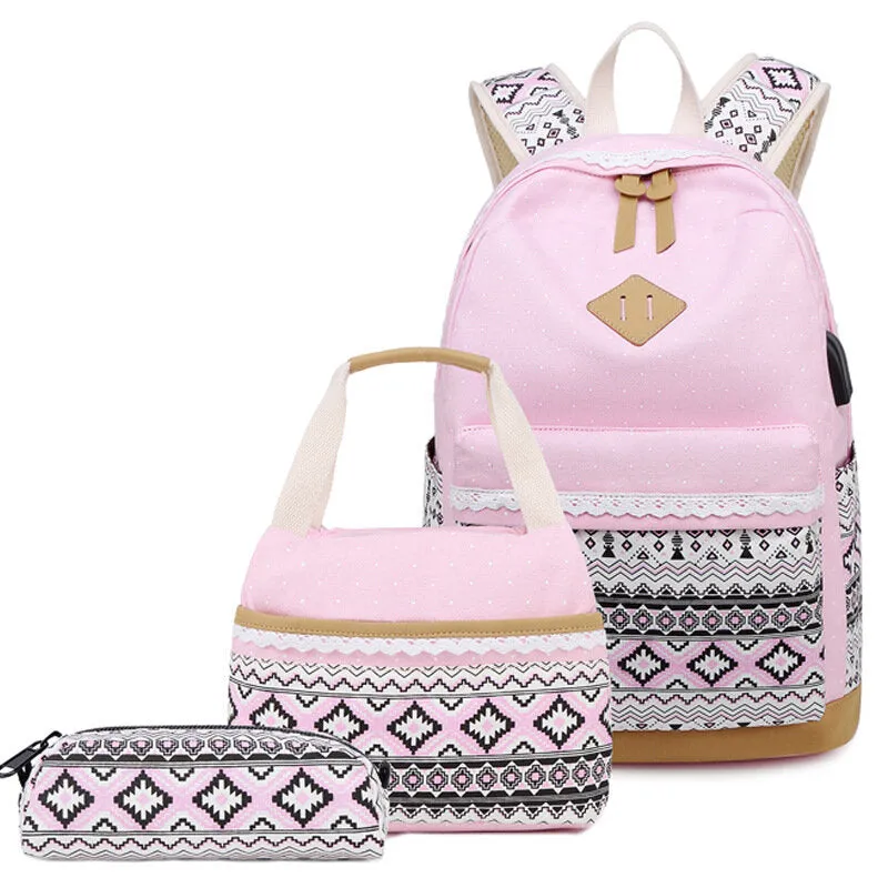 Polka Dot Aztec Canvas Backpack Set