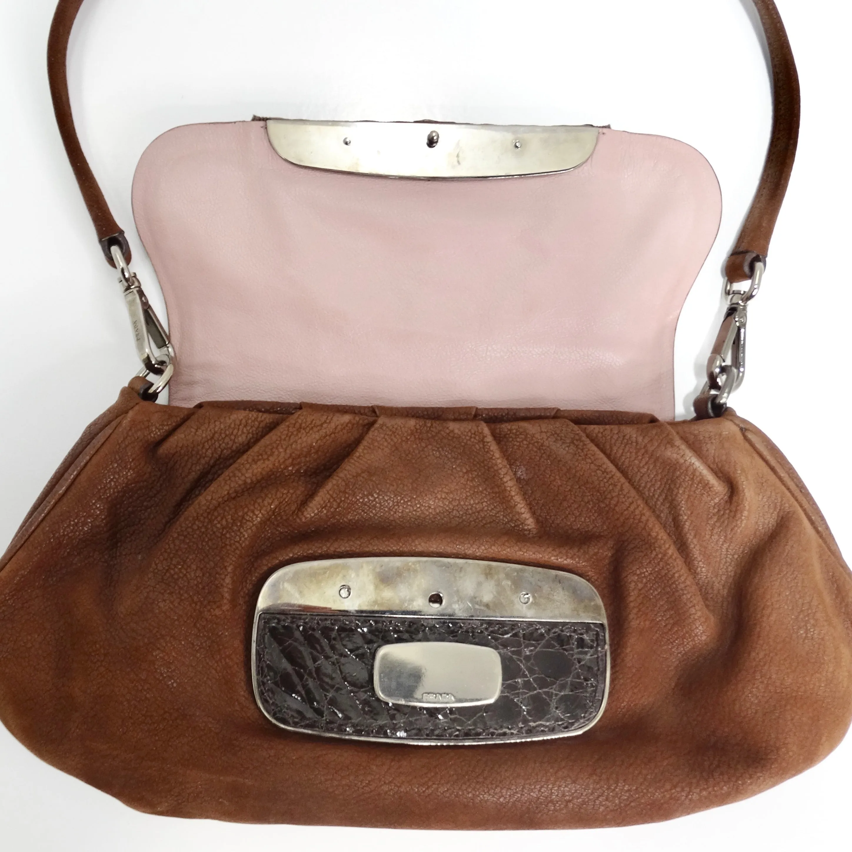 Prada Brown Leather Embellished Skipper Shoulder Bag