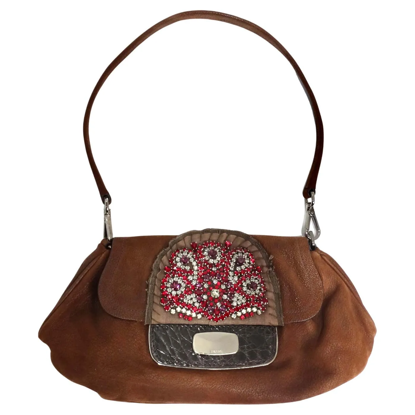 Prada Brown Leather Embellished Skipper Shoulder Bag