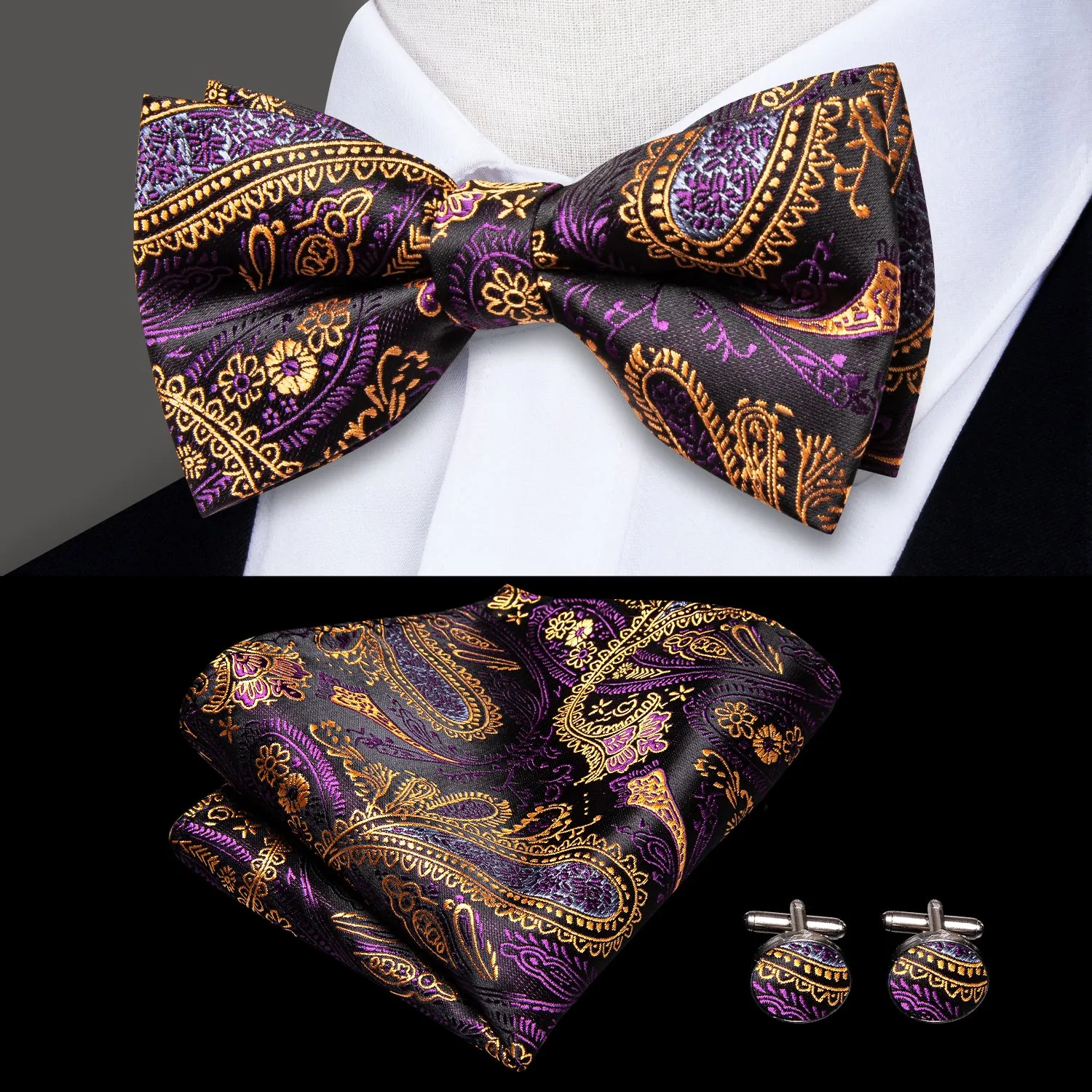 Purple Golden Paisley Suspender Bowtie Pocket Square Cufflinks Set