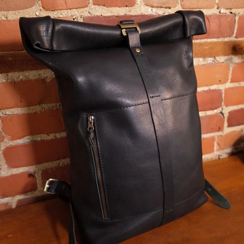 Villeneuve Roll-Top Leather Backpack – Black Edition