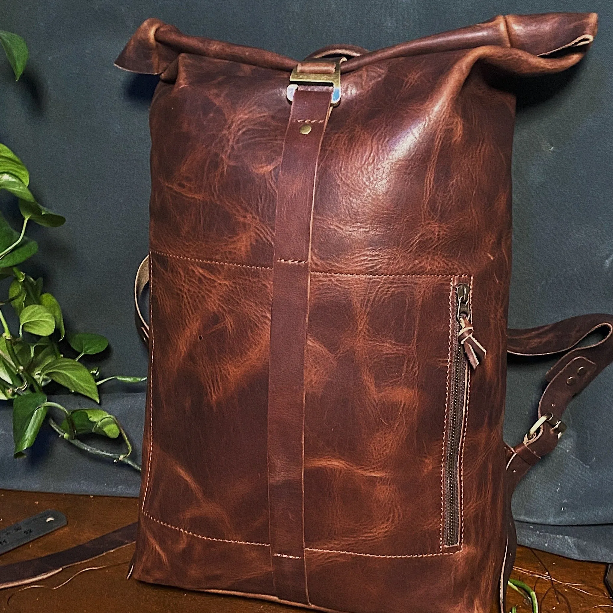 Villeneuve Roll-Top Leather Backpack – Dark Brown Edition